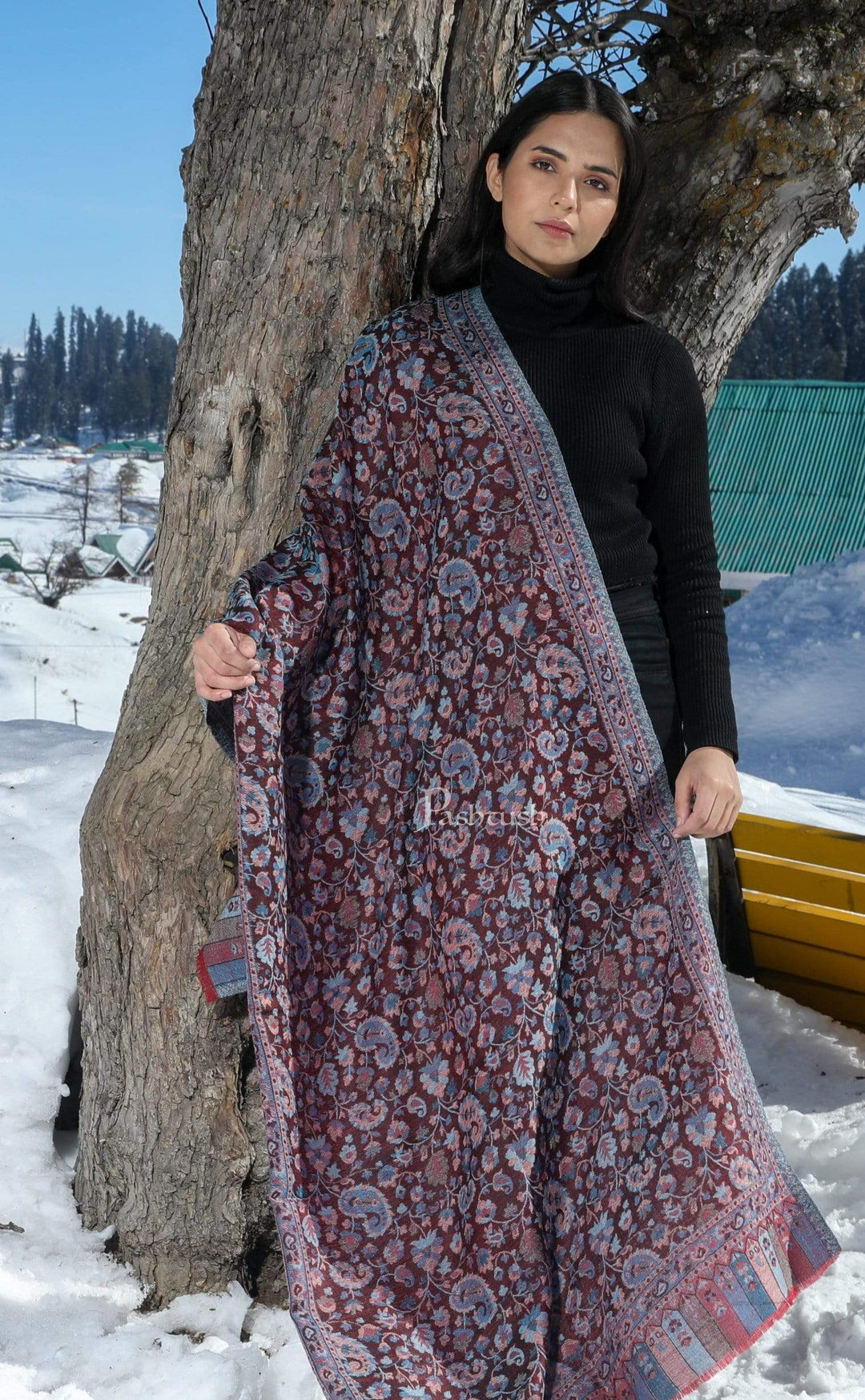 Pashtush India 70x200 Pashtush Women's Soft Wool, Reversible Stole, Scarf, Ethnic Weave, Plum