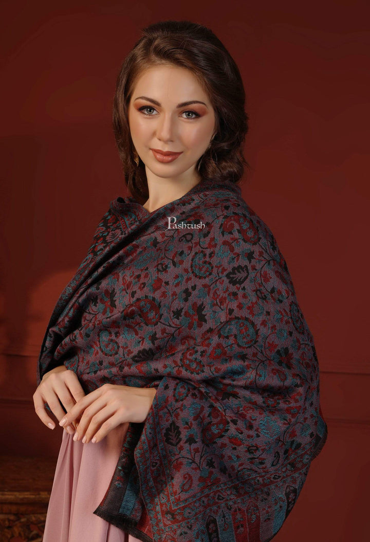Pashtush India 70x200 Pashtush Women's Soft Wool, Reversible Stole, Scarf, Kaani Weave, Black and Lilac