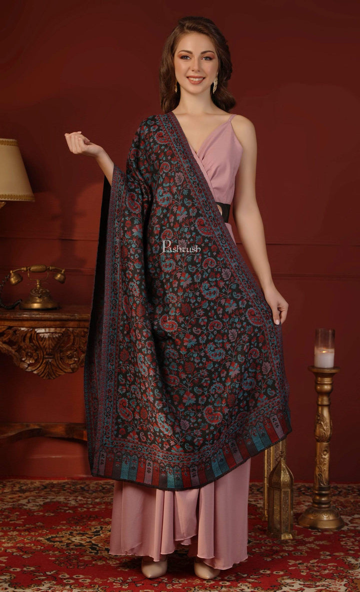 Pashtush India 70x200 Pashtush Women's Soft Wool, Reversible Stole, Scarf, Kaani Weave, Black and Lilac