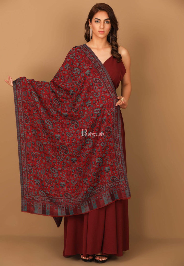 Pashtush India Stole Pashtush Women's Soft Wool, Reversible Stole, Scarf, Kaani Weave, Deep Maroon