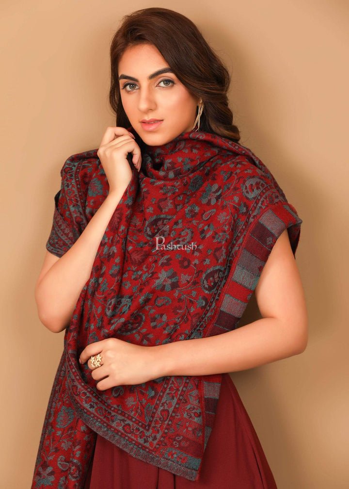 Pashtush India Stole Pashtush Women's Soft Wool, Reversible Stole, Scarf, Kaani Weave, Deep Maroon