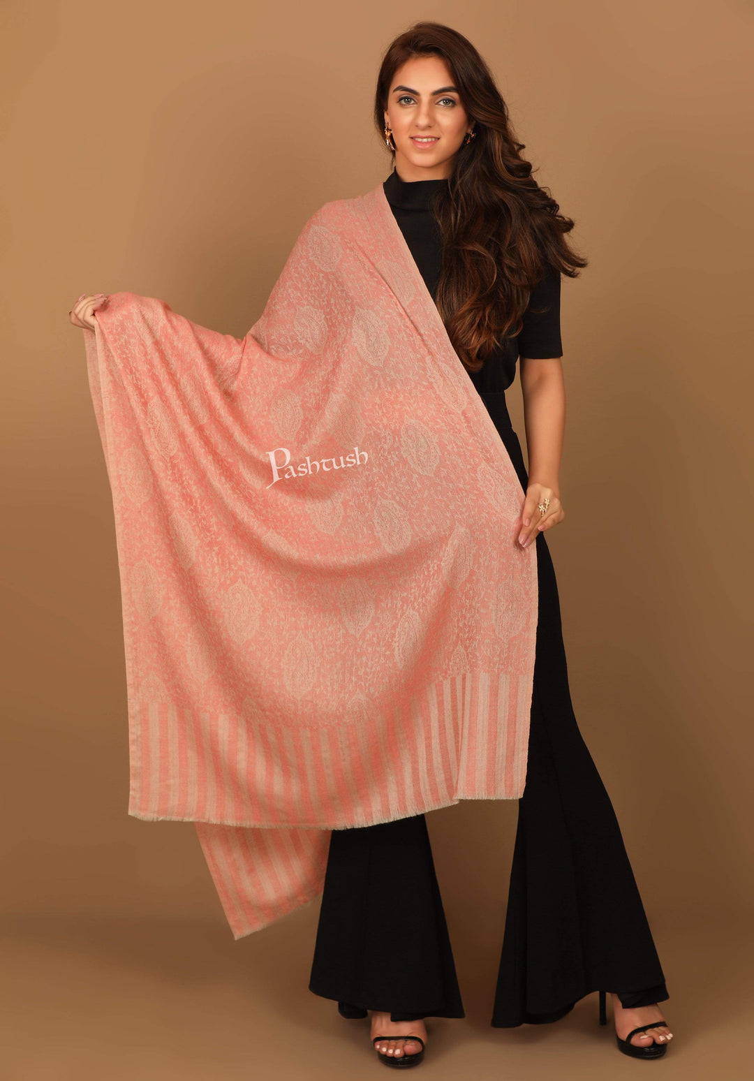 Pashtush India Stole Pashtush Women's Soft Wool, Reversible Stole Scarf, Paisley Weave, Salmon Colour