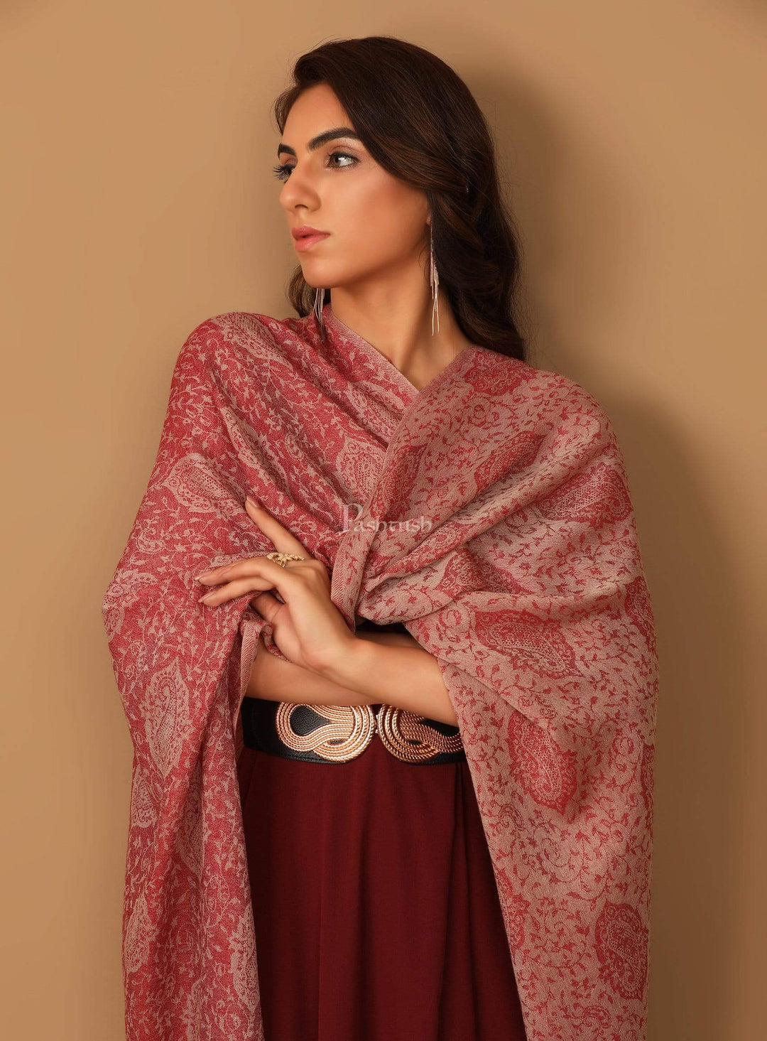 Pashtush India Stole Pashtush Women's Soft Wool, Reversible Stole Scarf, Self Paisley Weave, Ruby