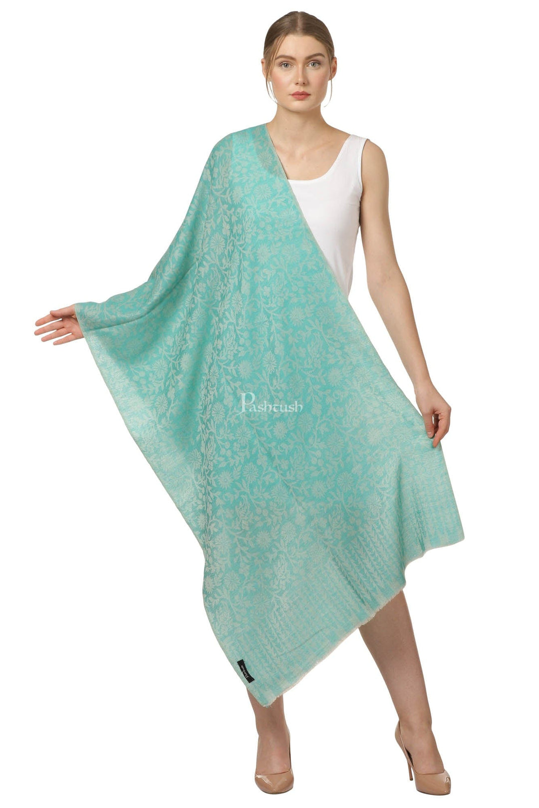 Pashtush India Womens Stoles and Scarves Scarf Pashtush Women'S Wool Self Reversible Scarf Floral Jacquard Design, Arabic Sea Green