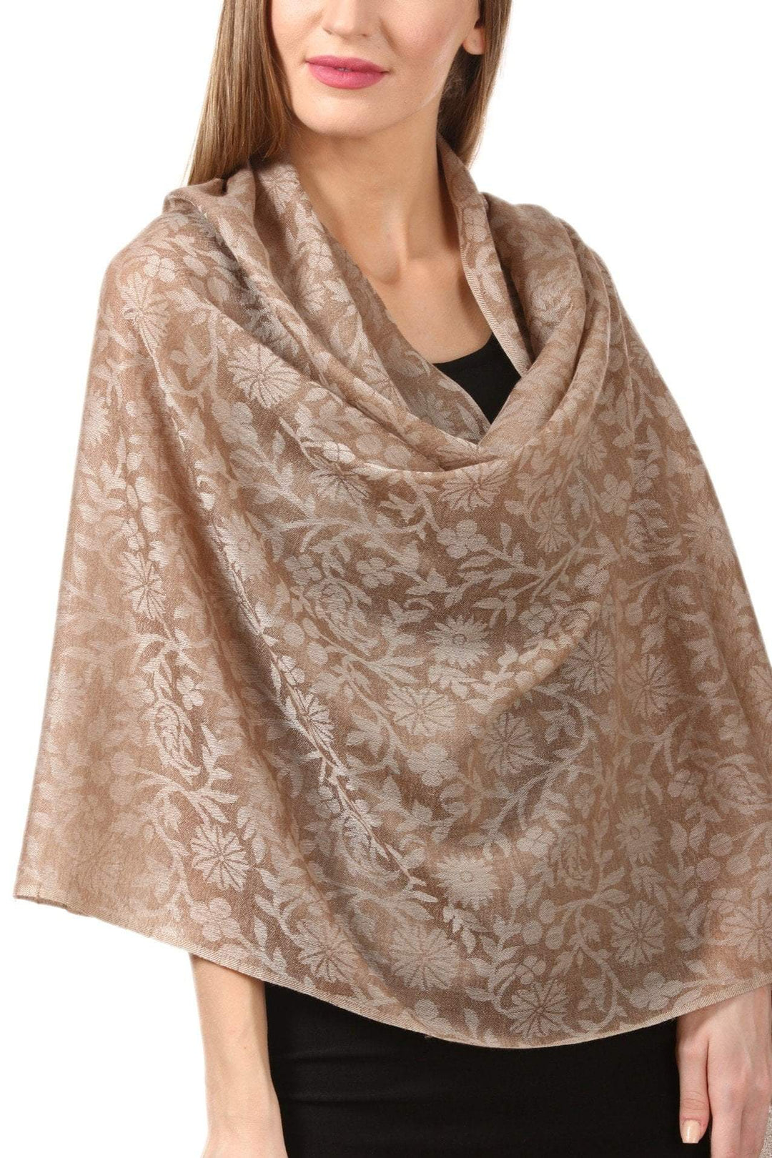 Pashtush India 70x200 Pashtush Women's Wool Self Reversible Scarf Floral Jacquard Design, Silk-Wool