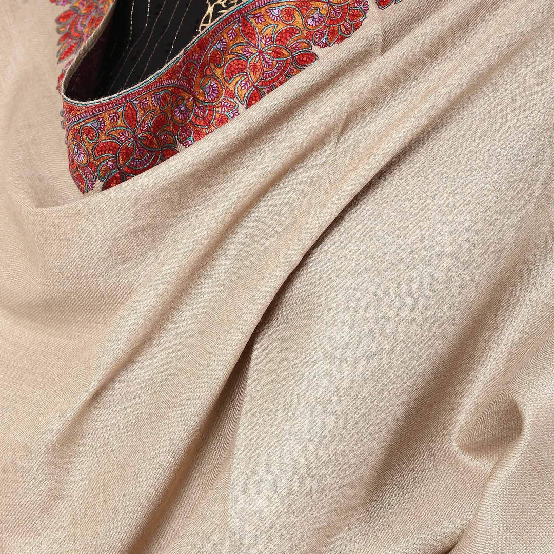 Pashtush Women'S Wool Shawl Embroidered Border Beige
