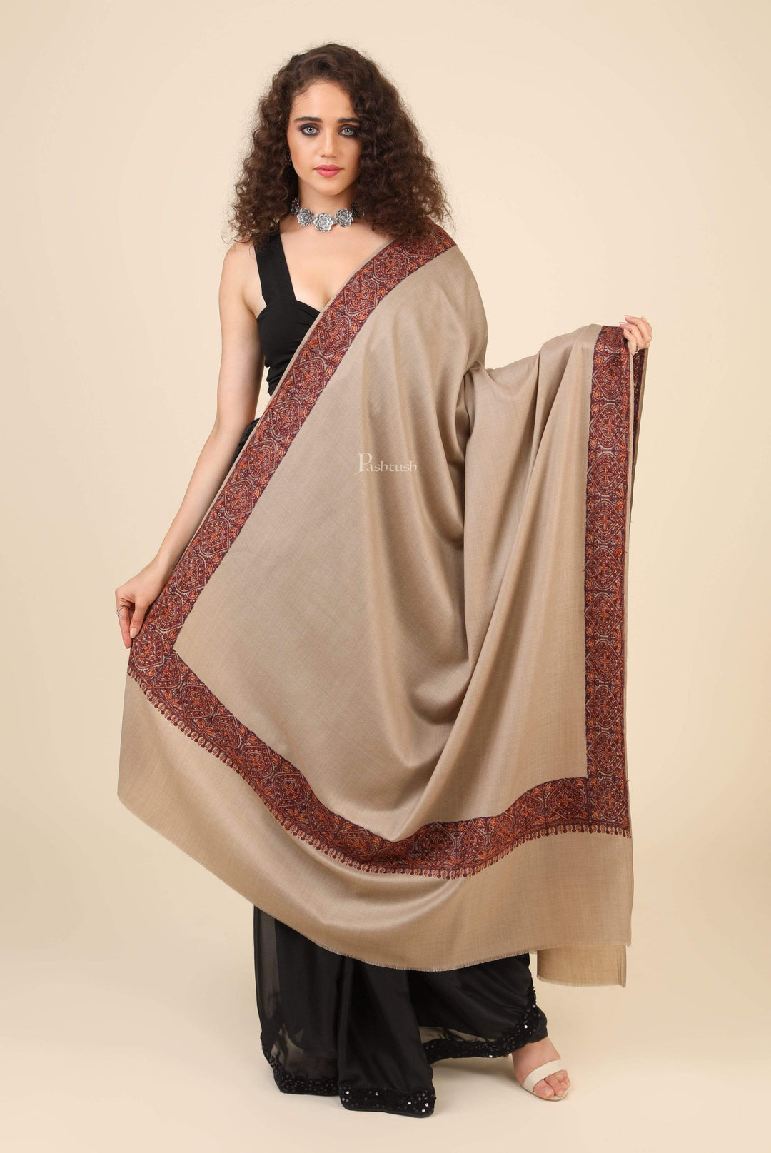 Pashtush India 100x200 Pashtush Women's Wool Shawl embroidered border, Beige