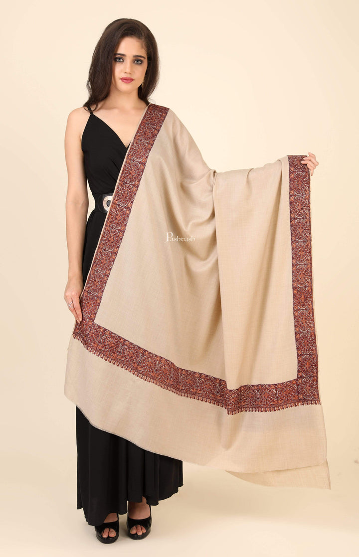 Pashtush India 100x200 Pashtush Women's Wool Shawl embroidered border, Beige