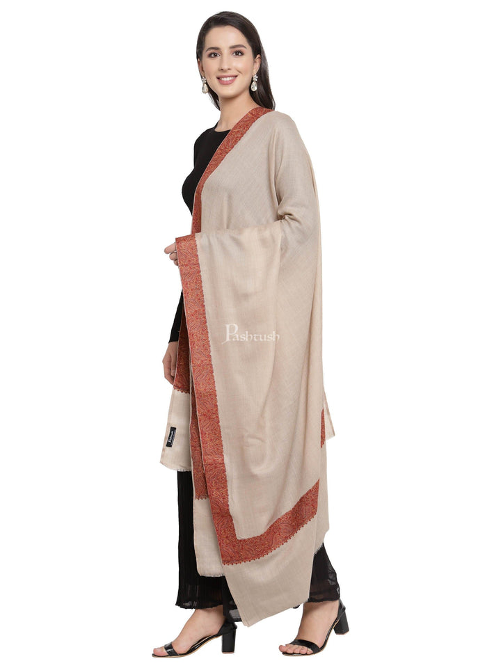 Pashtush India Womens Shawls Pashtush Women'S Wool Shawl Embroidered Border, Beige