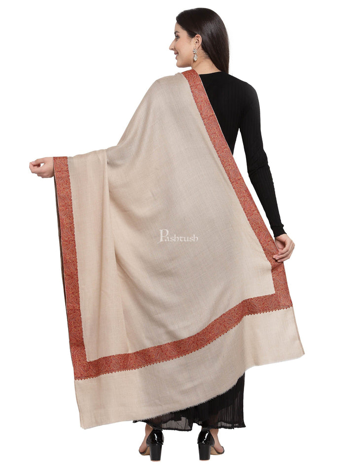 Pashtush India Womens Shawls Pashtush Women'S Wool Shawl Embroidered Border, Beige