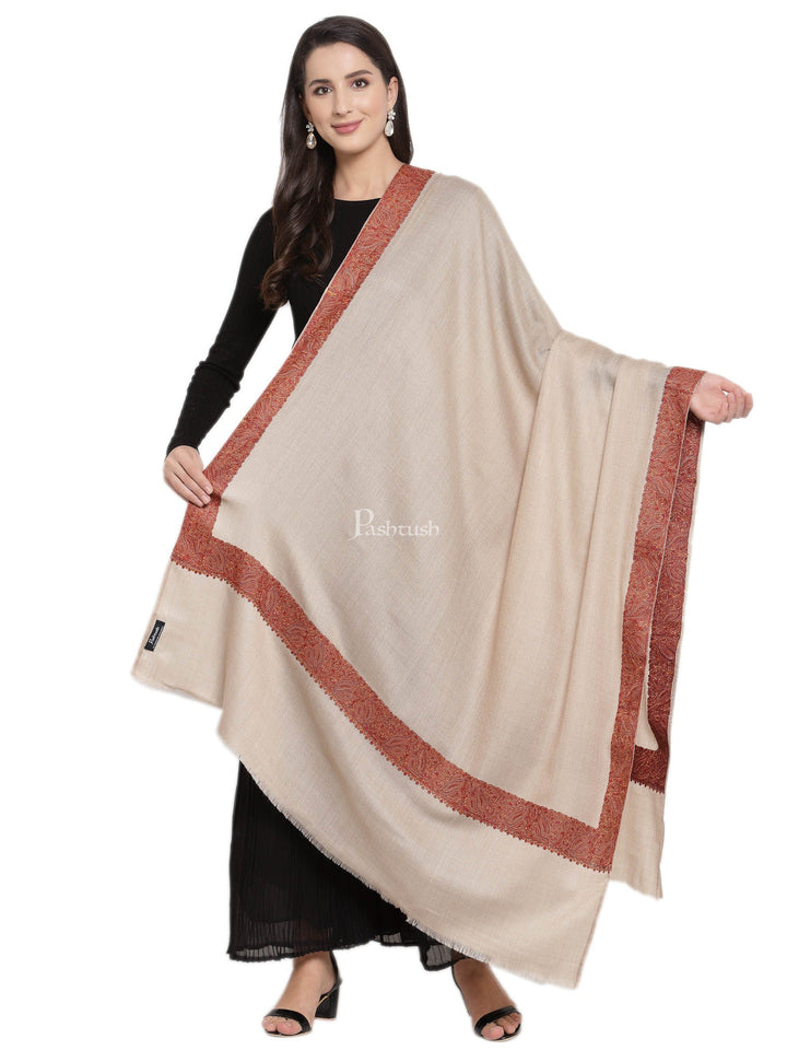 Pashtush India Womens Shawls Pashtush Women'S Wool Shawl Embroidered Border, Beige