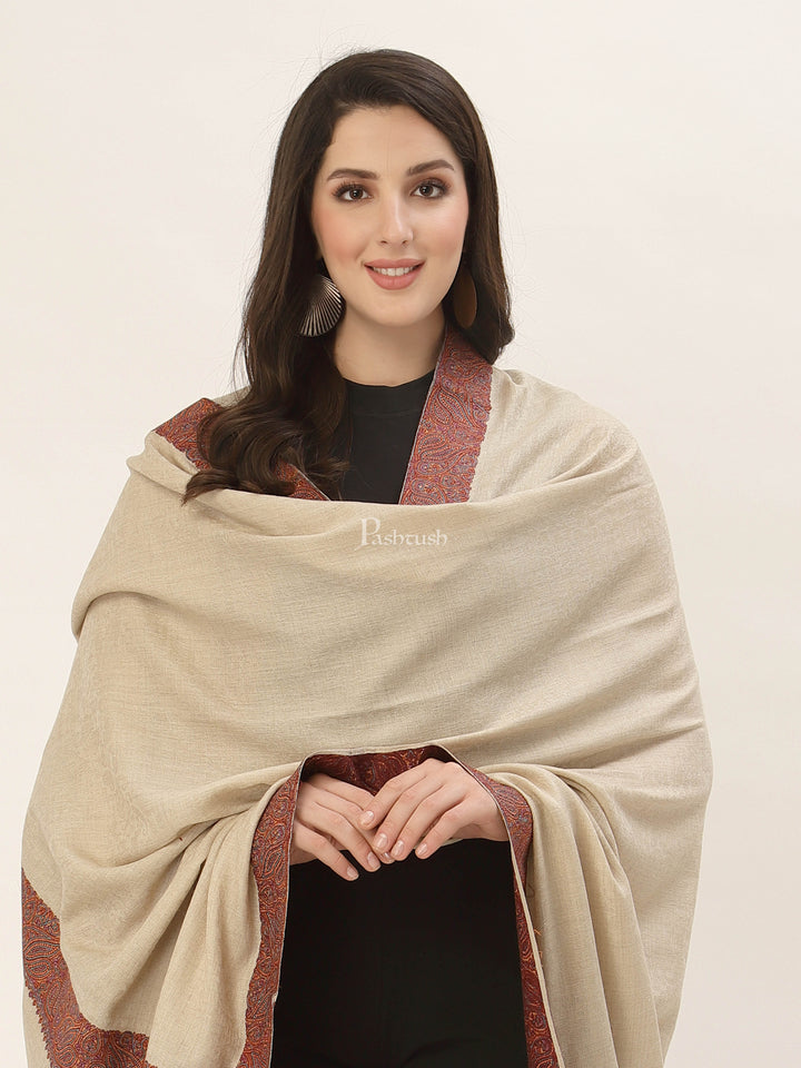Pashtush India Womens Shawls Pashtush Women'S Wool Shawl Embroidered Border Beige