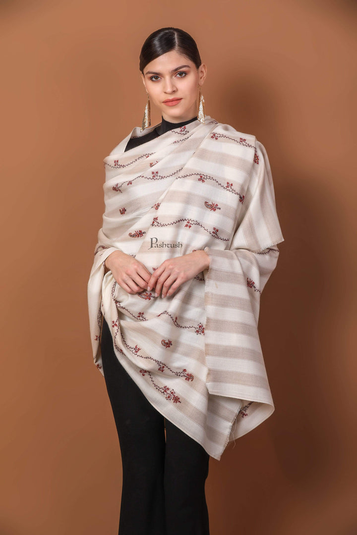 Pashtush India 100x200 Pashtush Women's Wool Shawl, Hand Embroidery, 100% hand-made (Ivory)