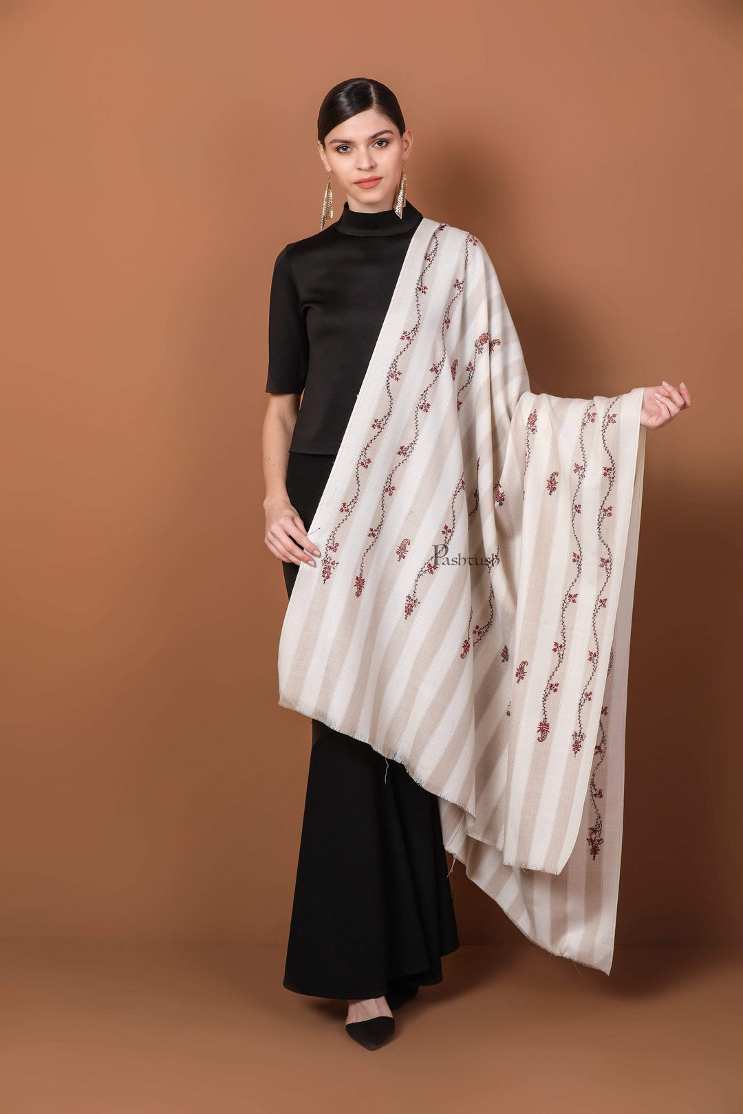 Pashtush India 100x200 Pashtush Women's Wool Shawl, Hand Embroidery, 100% hand-made (Ivory)
