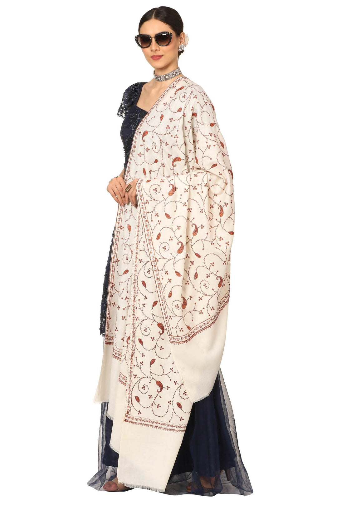 Pashtush India Womens Shawls Pashtush Women'S Wool Shawl Jaal With Handmade Embroidery Palla (Ivory, Free Size)