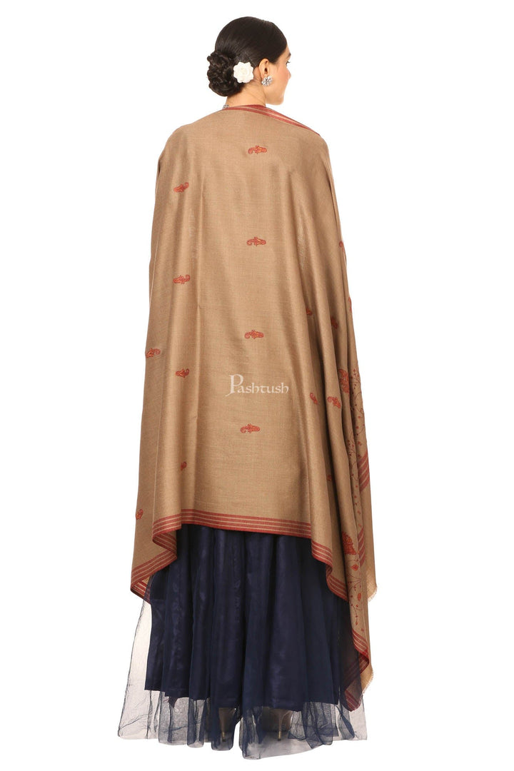 Pashtush India Womens Shawls Pashtush Women'S Wool Shawl With Embroidery (Taupe , Large Size)