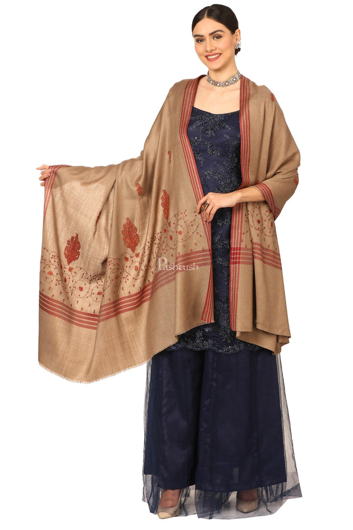 Pashtush India Womens Shawls Pashtush Women'S Wool Shawl With Embroidery (Taupe , Large Size)