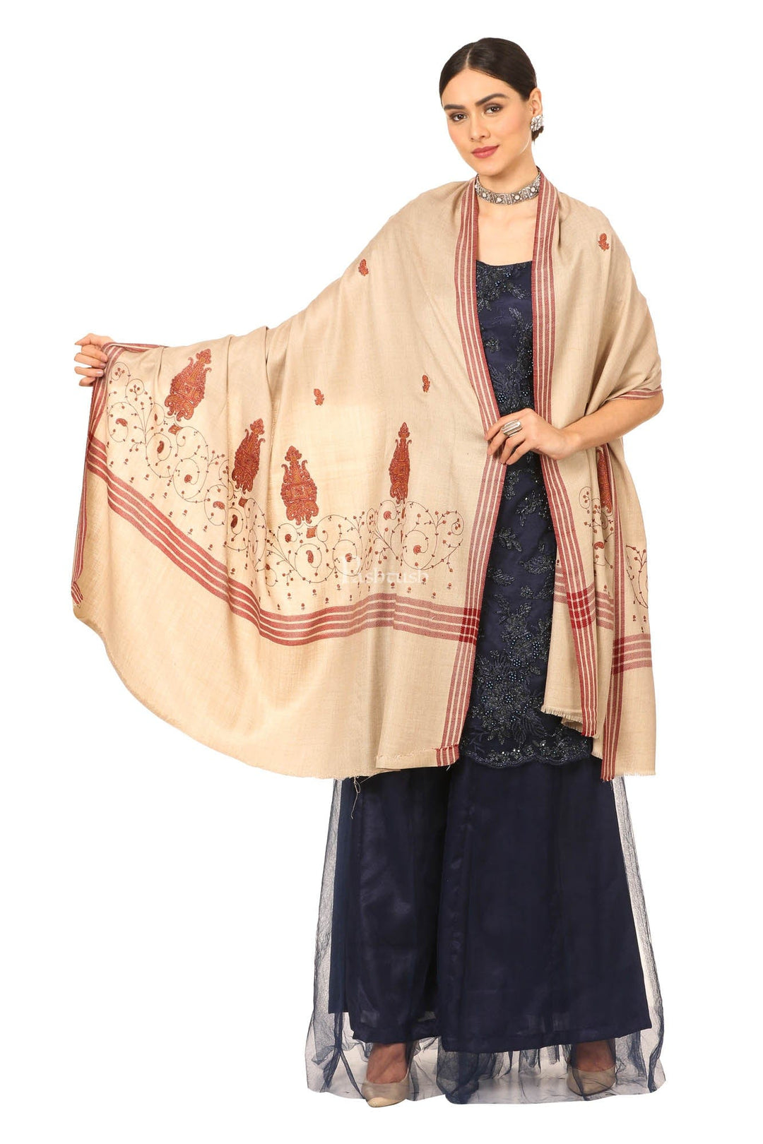 Pashtush India Womens Shawls Pashtush Women'S Wool Shawl With Hand Embroidery (Taupe , Free Size)
