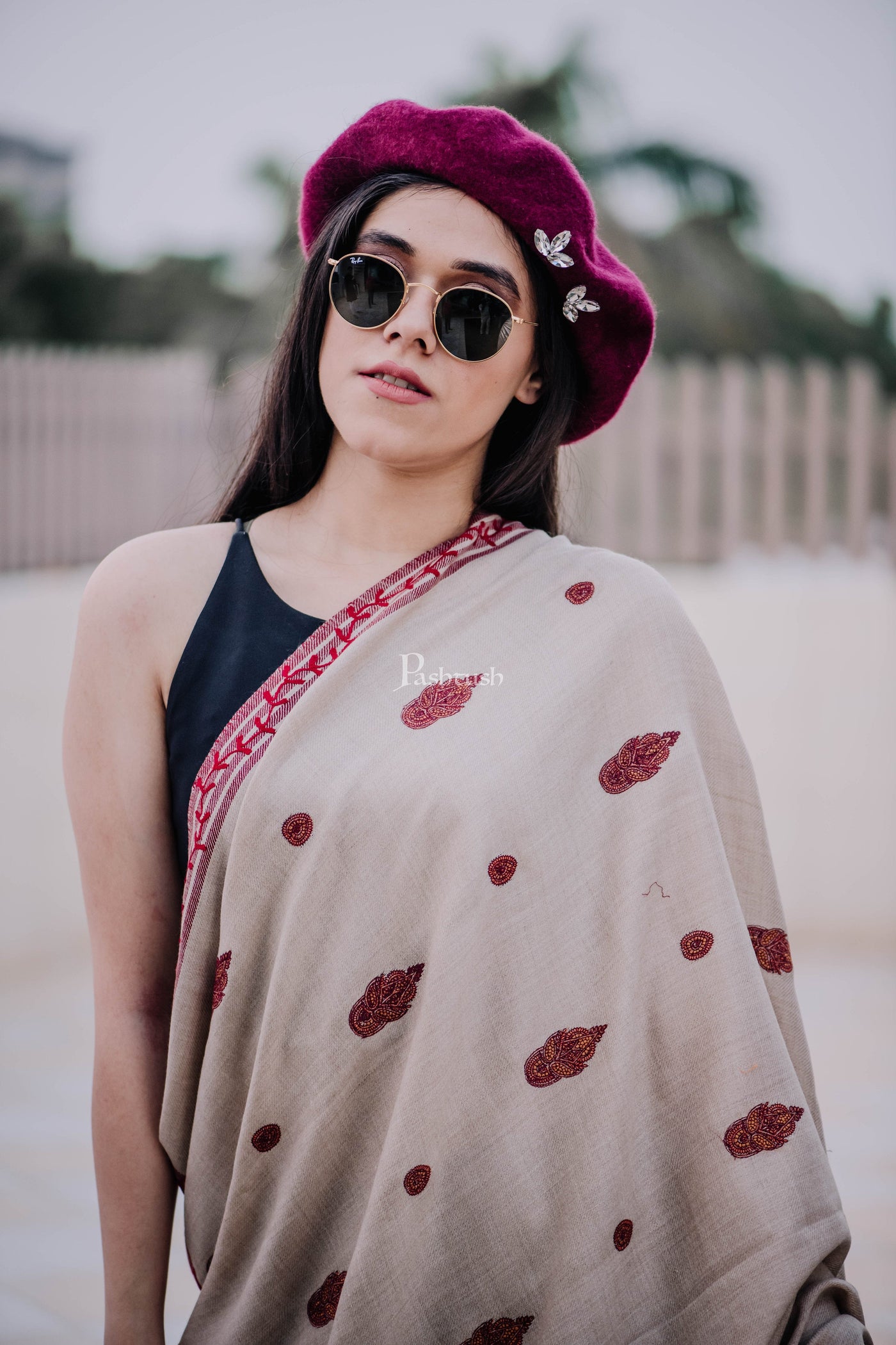 Pashtush India Womens Shawls Pashtush Women'S Wool Shawl With Hand Embroidery - Taupe - Large Size