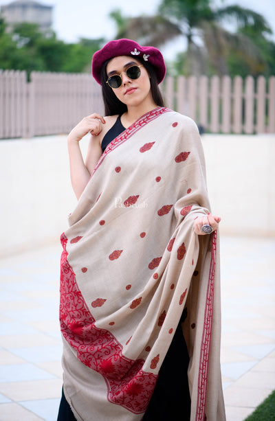 Pashtush India Womens Shawls Pashtush Women'S Wool Shawl With Hand Embroidery - Taupe - Large Size