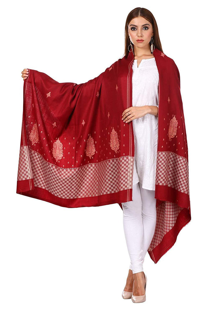 Pashtush Women'S Wool Shawl With Fineembroidery, Shawl Needlework Embroidery, Checkered Weave (Maroon)
