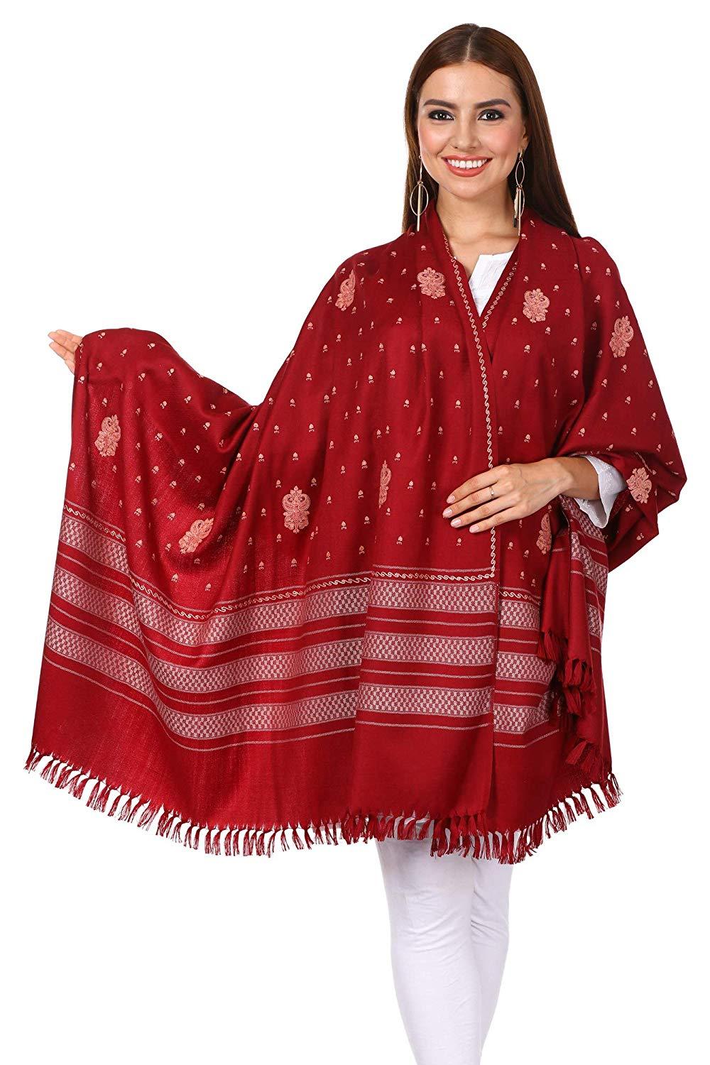 Pashtush Women'S Wool Shawl With Fineembroidery, Shawl Needlework Embroidery (Maroon)