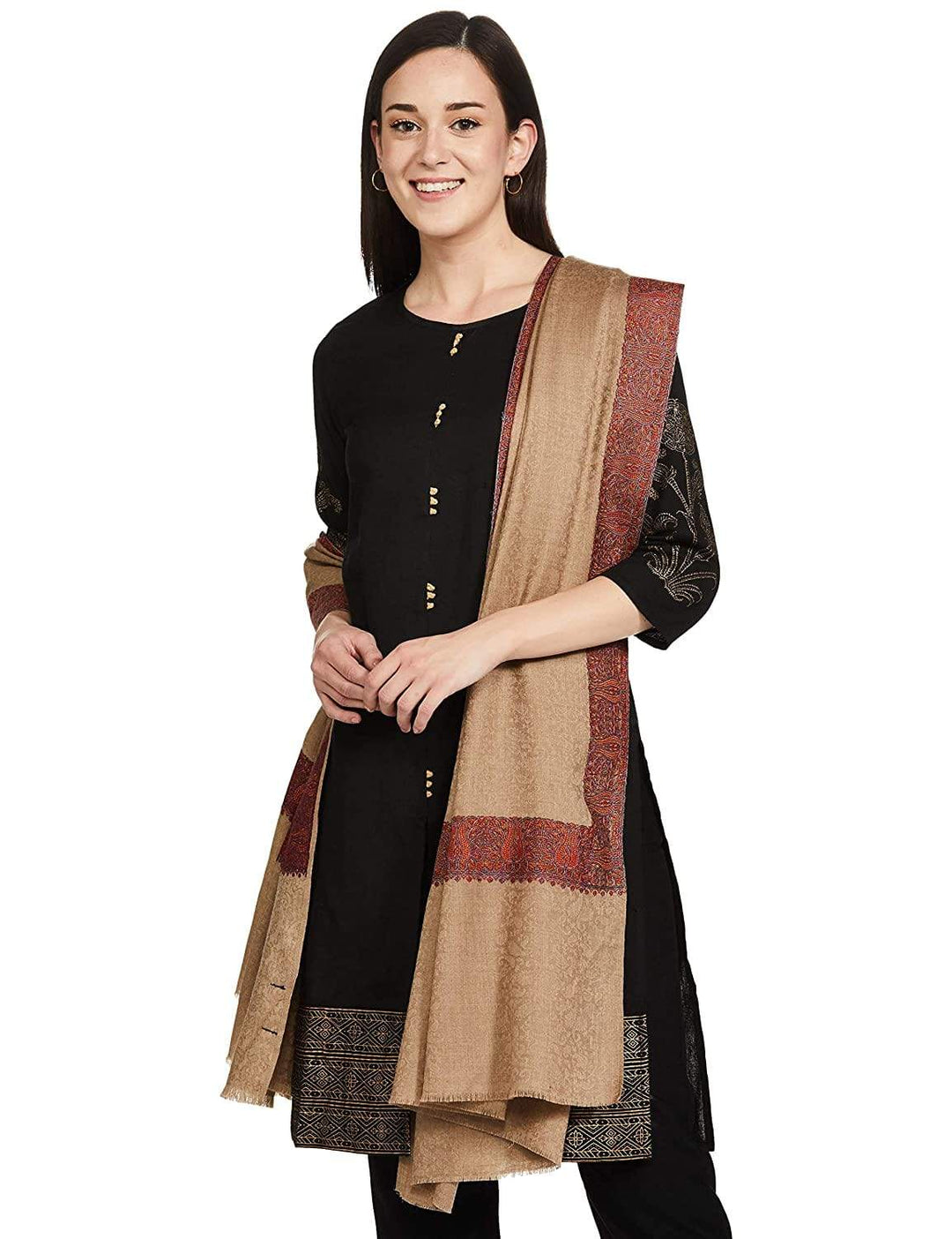 Pashtush India 114x228 Pashtush Women's Woollen Shawl, Kashmiri Silky Thread Embroidery, Large Size, Beige