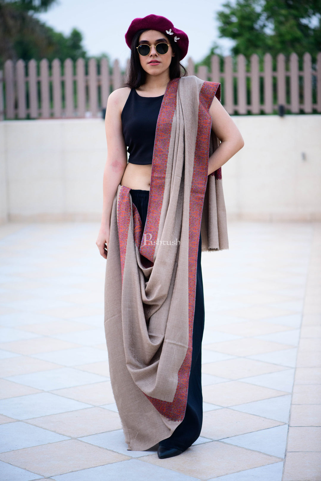 Pashtush India Womens Shawls Pashtush Women'S Woollen Shawl, Silky Thread Embroidery, Large Size, Beige