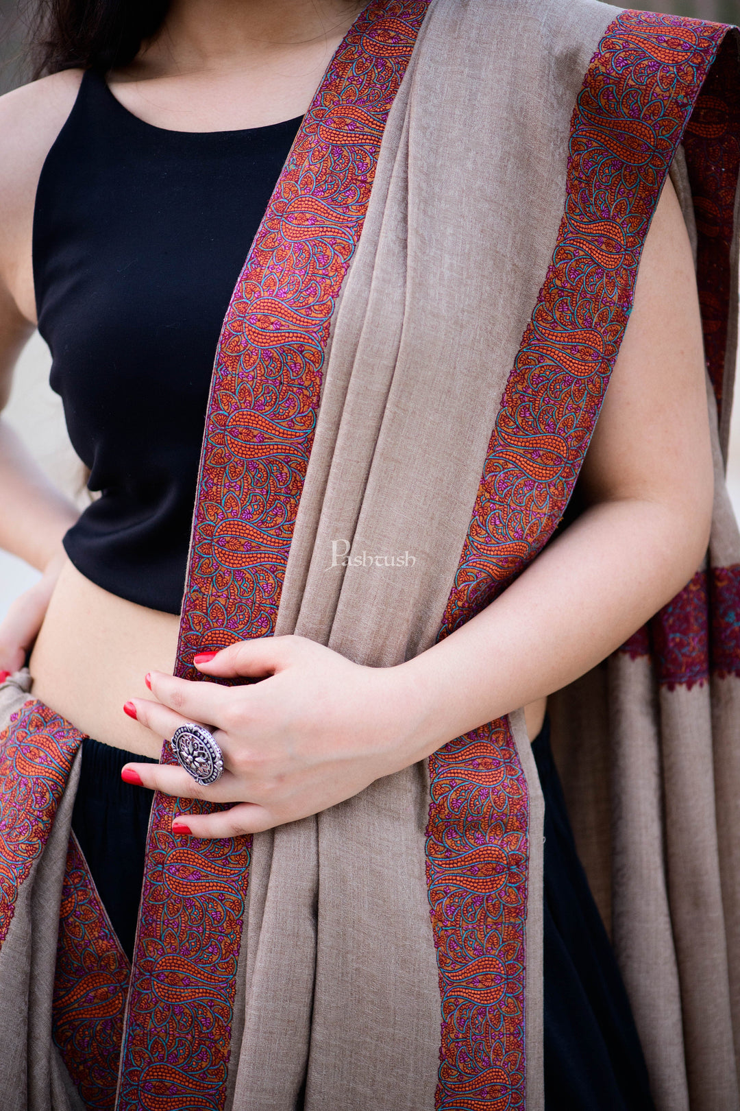 Pashtush India Womens Shawls Pashtush Women'S Woollen Shawl, Silky Thread Embroidery, Large Size, Beige