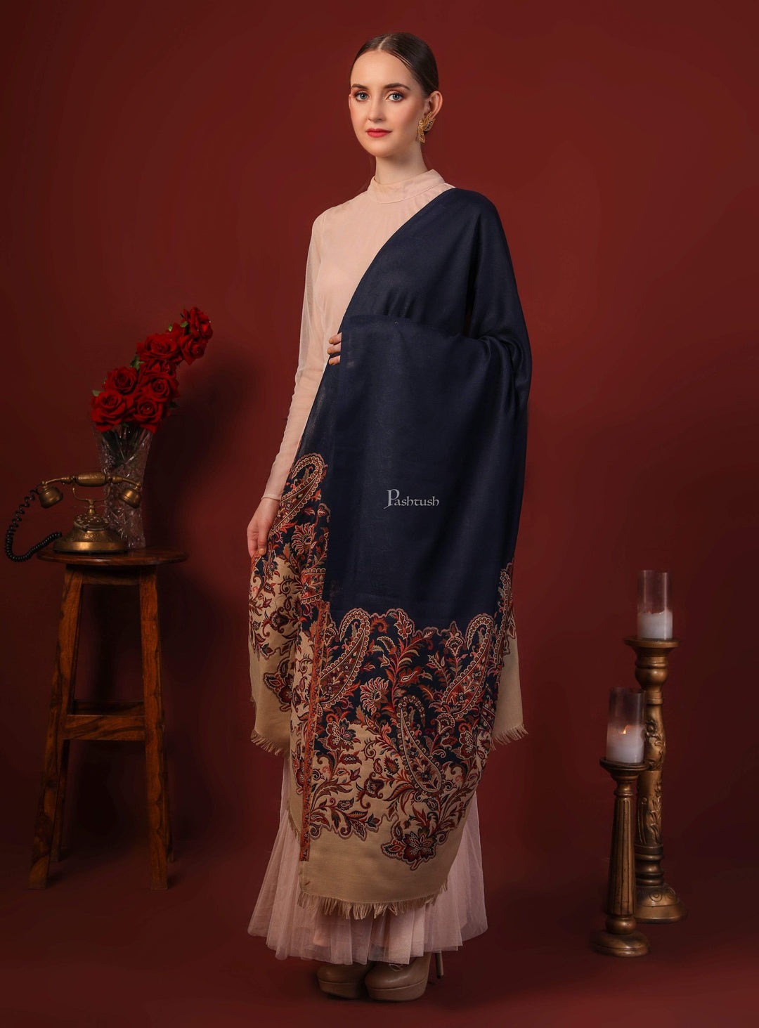Pashtush India 100x200 Pashtush Women Soft Navy Blue Woven Design Shawl