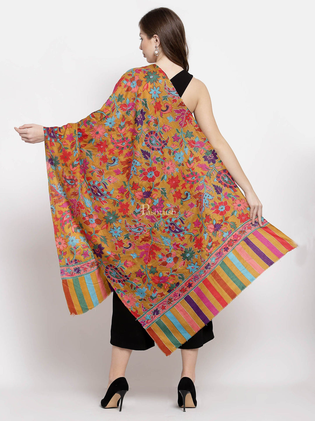 Pashtush India Womens Stoles and Scarves Scarf Pashtush Womens 100% Hand Embroidered Kalamkari Stole, Fine Wool, Sunflower Hues