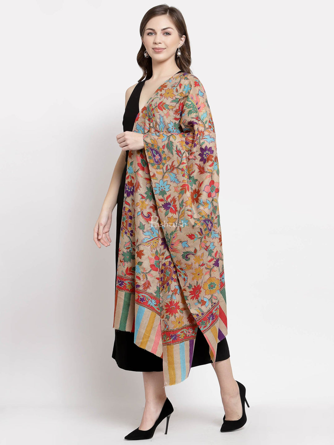 Pashtush India Womens Stoles and Scarves Scarf Pashtush Womens 100% Hand Embroidered Kalamkari Stole, Fine Wool, Tuscan Beige