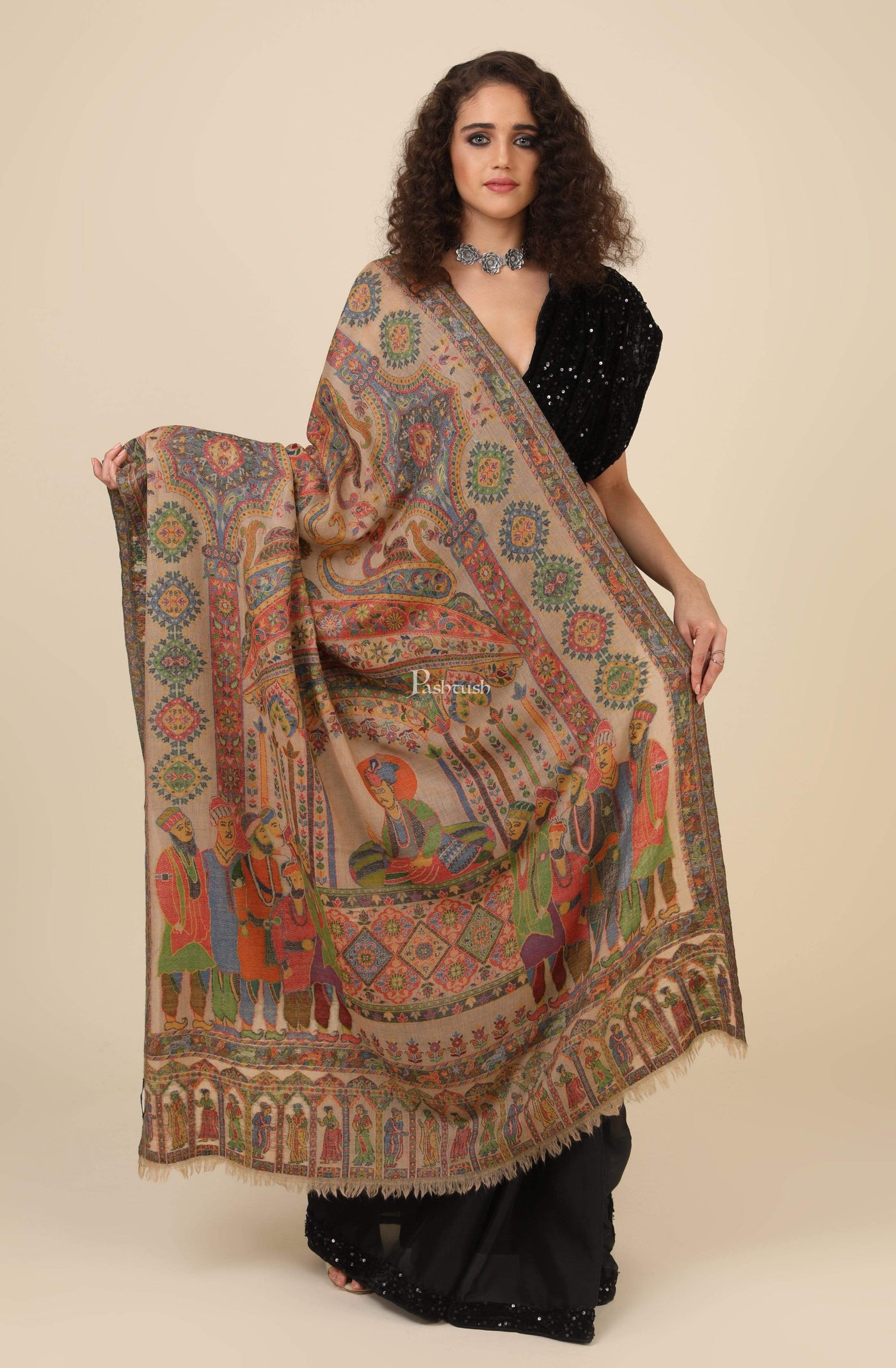 Pashtush India 100x200 Pashtush Womens 100% Pure Wool Darbar Design Shawl, With Woolmark Certification