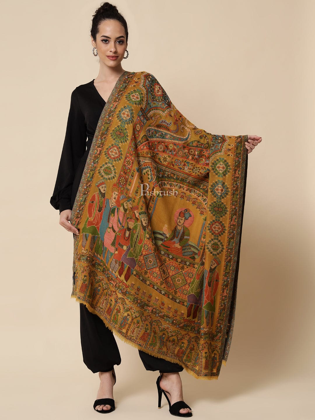 Pashtush India Womens Shawls Pashtush Womens 100% Pure Wool Darbar Design Shawl, With Woolmark Certification, Mustard