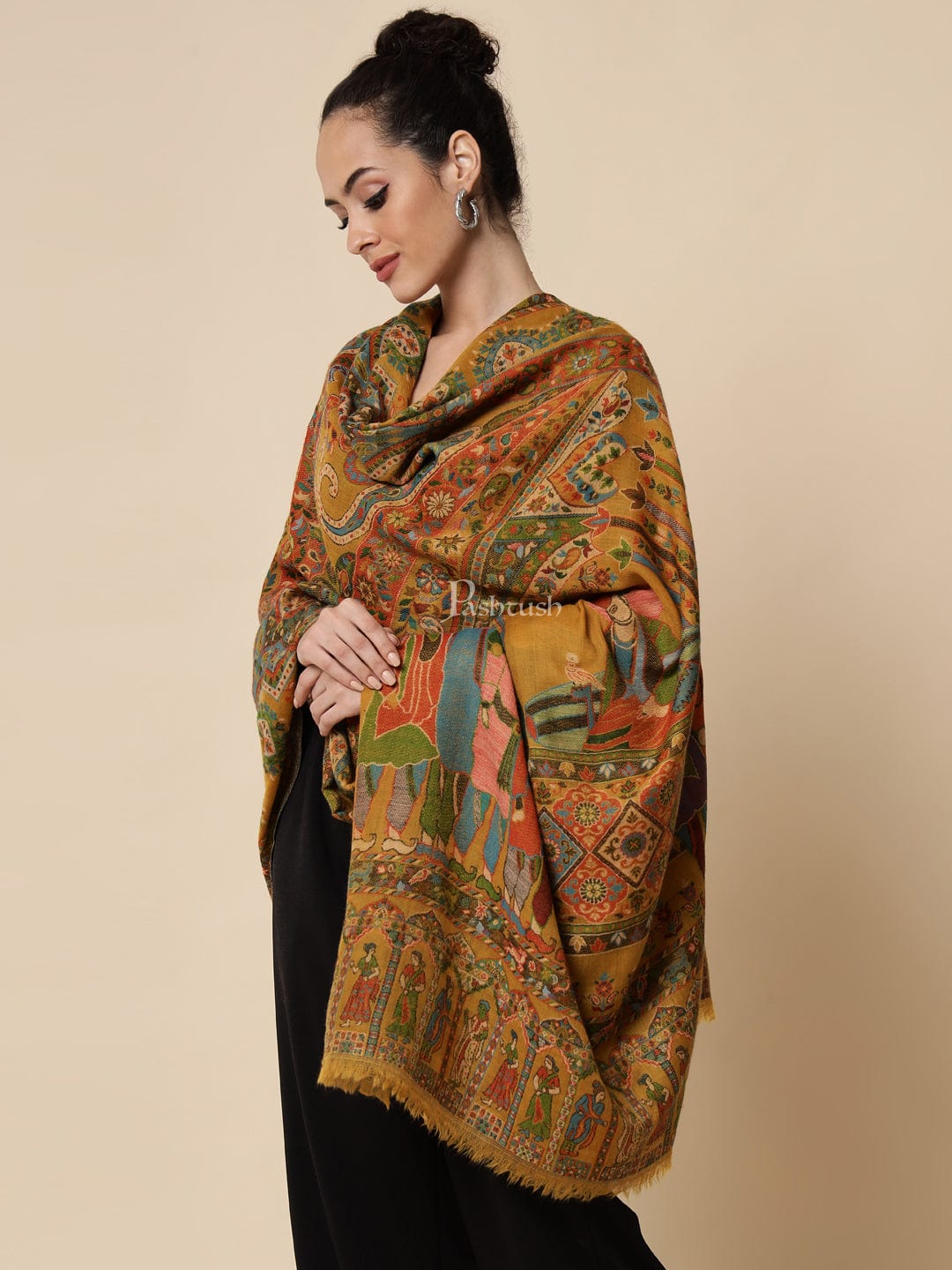 Pashtush India Womens Shawls Pashtush Womens 100% Pure Wool Darbar Design Shawl, With Woolmark Certification, Mustard