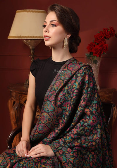 Pashtush India 100x200 Pashtush Womens 100% Pure Wool Kaani Weave Shawl, Soft and Warm, With Woolmark Certificate black