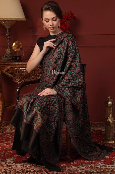 Pashtush India 100x200 Pashtush Womens 100% Pure Wool Kaani Weave Shawl, Soft and Warm, With Woolmark Certificate black