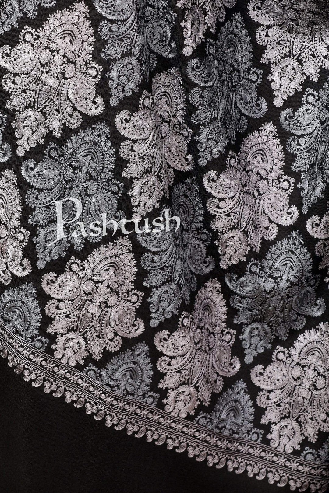Pashtush India 100x200 Pashtush Womens 100% pure wool Nalki Embroidery Needlework Shawl, Black( woolmark )