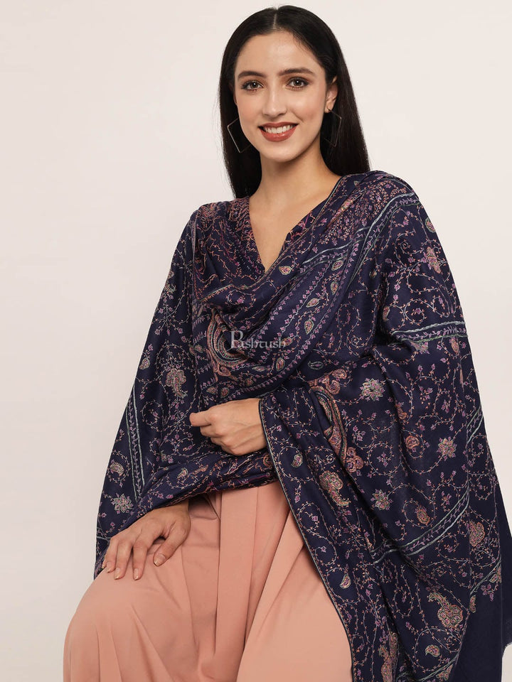 Pashtush India Womens Shawls Pashtush womens 100% Pure Wool with Woolmark Certificate shawl, 100% hand embroidery  design, Blue