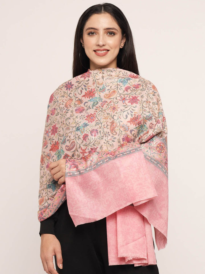 Pashtush India Womens Shawls Pashtush womens 100% Pure Wool with Woolmark Certificate shawl, nalki embroidery design, Pink