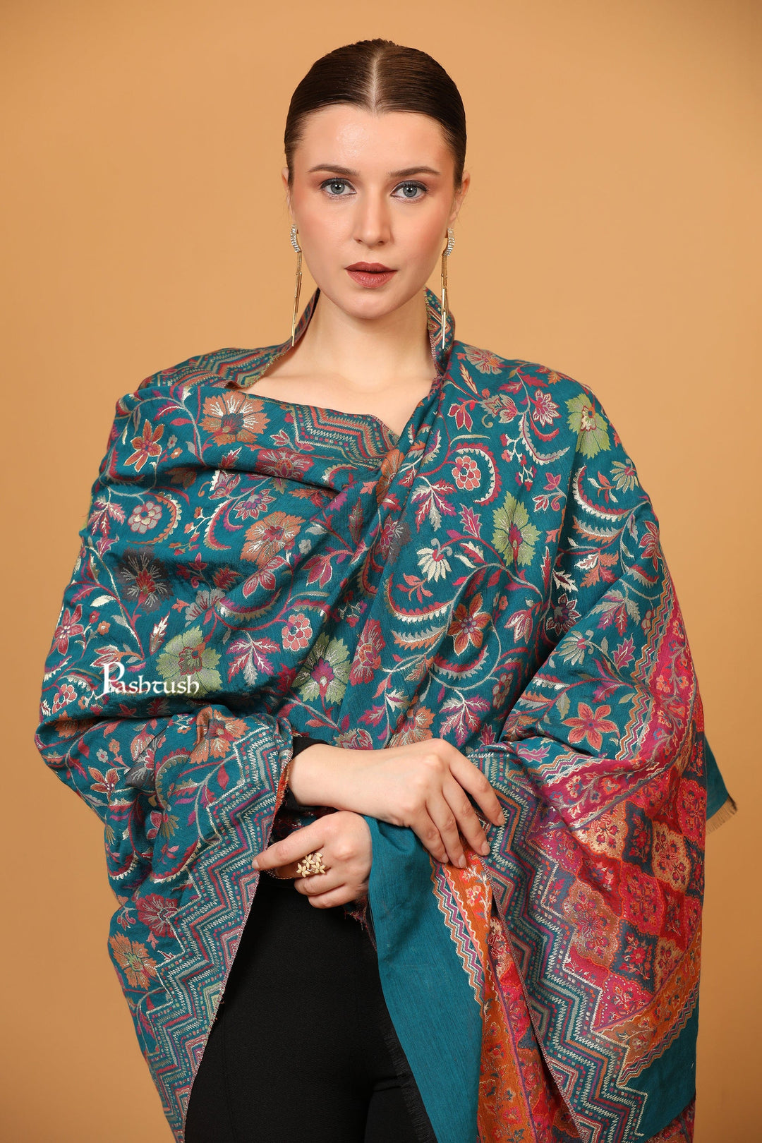 Pashtush India Womens Shawls Pashtush womens Art Silk dupatta, Ethnic Weave Twilight Collection design, Arabic Sea Blue