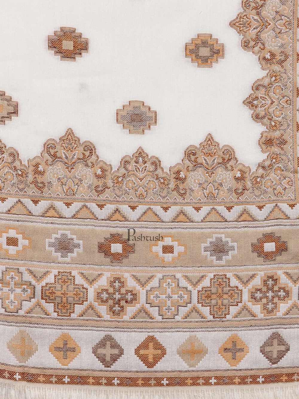 Pashtush India Womens Shawls Pashtush Womens Aztec Jamawar Shawl, Faux Pashmina, Woven Jacquard Design With Aztec Weaving Design, Soft And Warm Faux Pashmina White