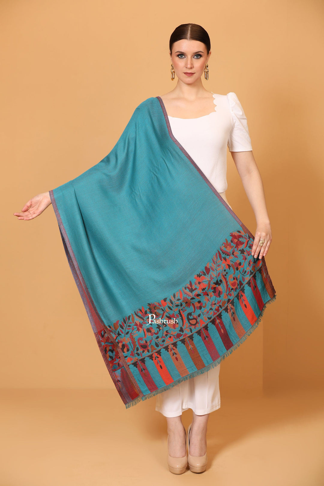 Pashtush India Womens Stoles and Scarves Scarf Pashtush womens Bamboo stole, Reversible Ethnic Weave Palla design, Arabic Sea Blue