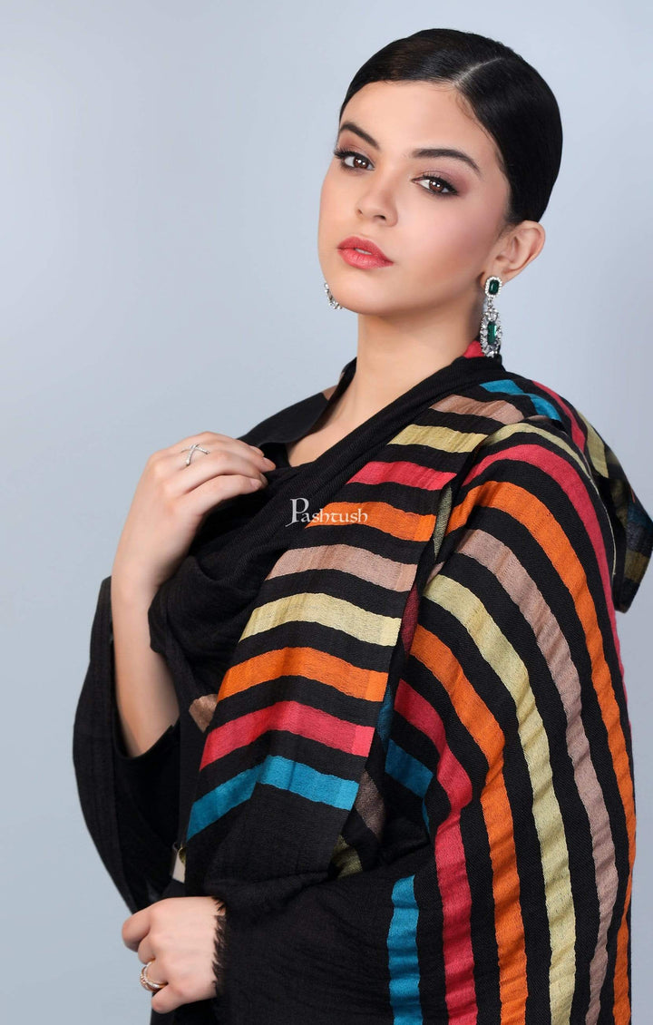 Pashtush Store Stole Pashtush Womens Cashmere and Wool Blended Scarf, with Fluro-Neon Stripes, Rich Black