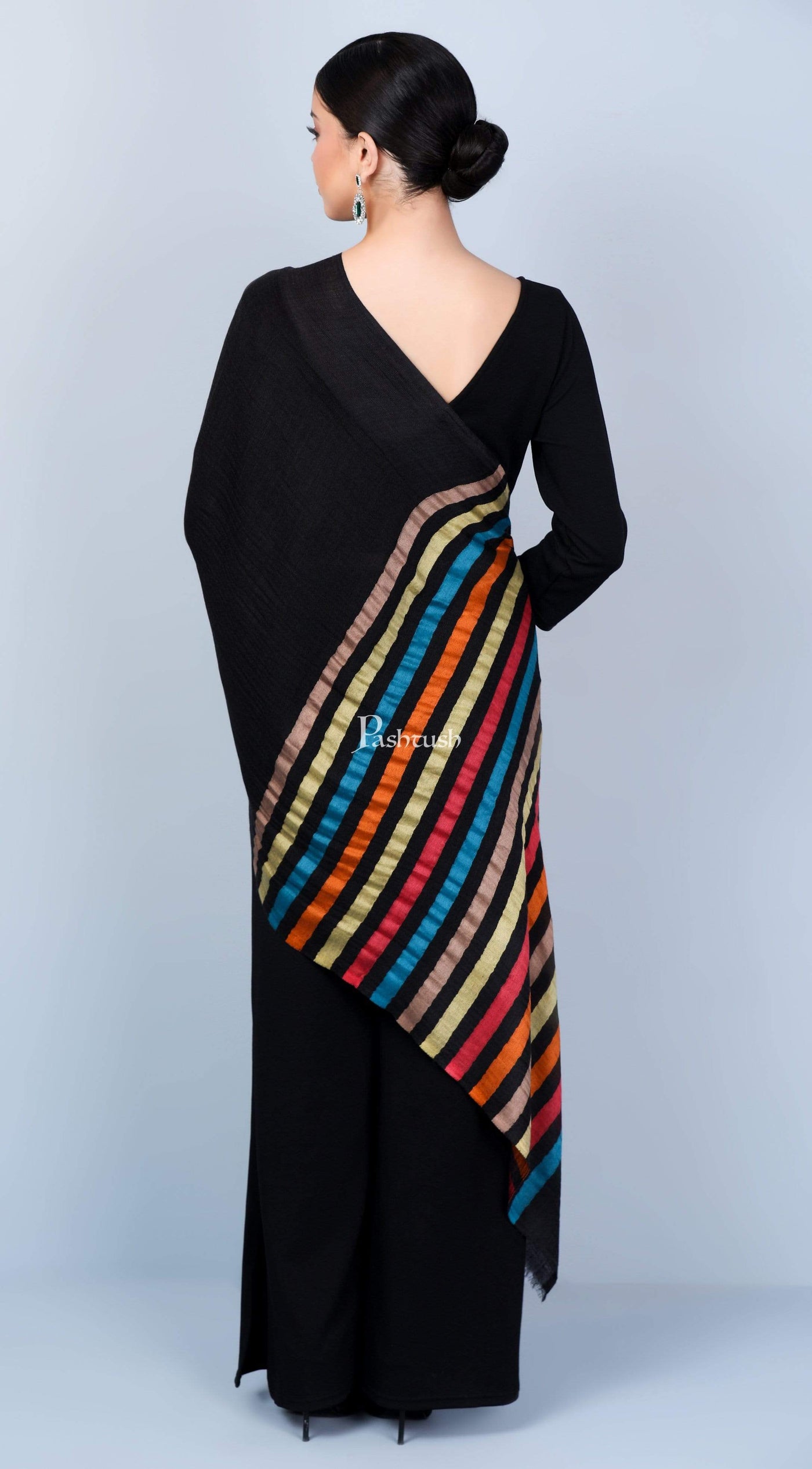 Pashtush Store Stole Pashtush Womens Cashmere and Wool Blended Scarf, with Fluro-Neon Stripes, Rich Black