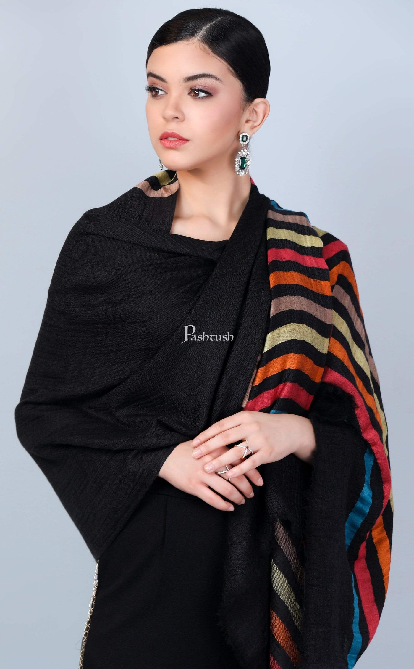 Pashtush Store Stole Pashtush Womens Cashmere and Wool Blended Scarf, with Fluro-Neon Stripes, Rich Black