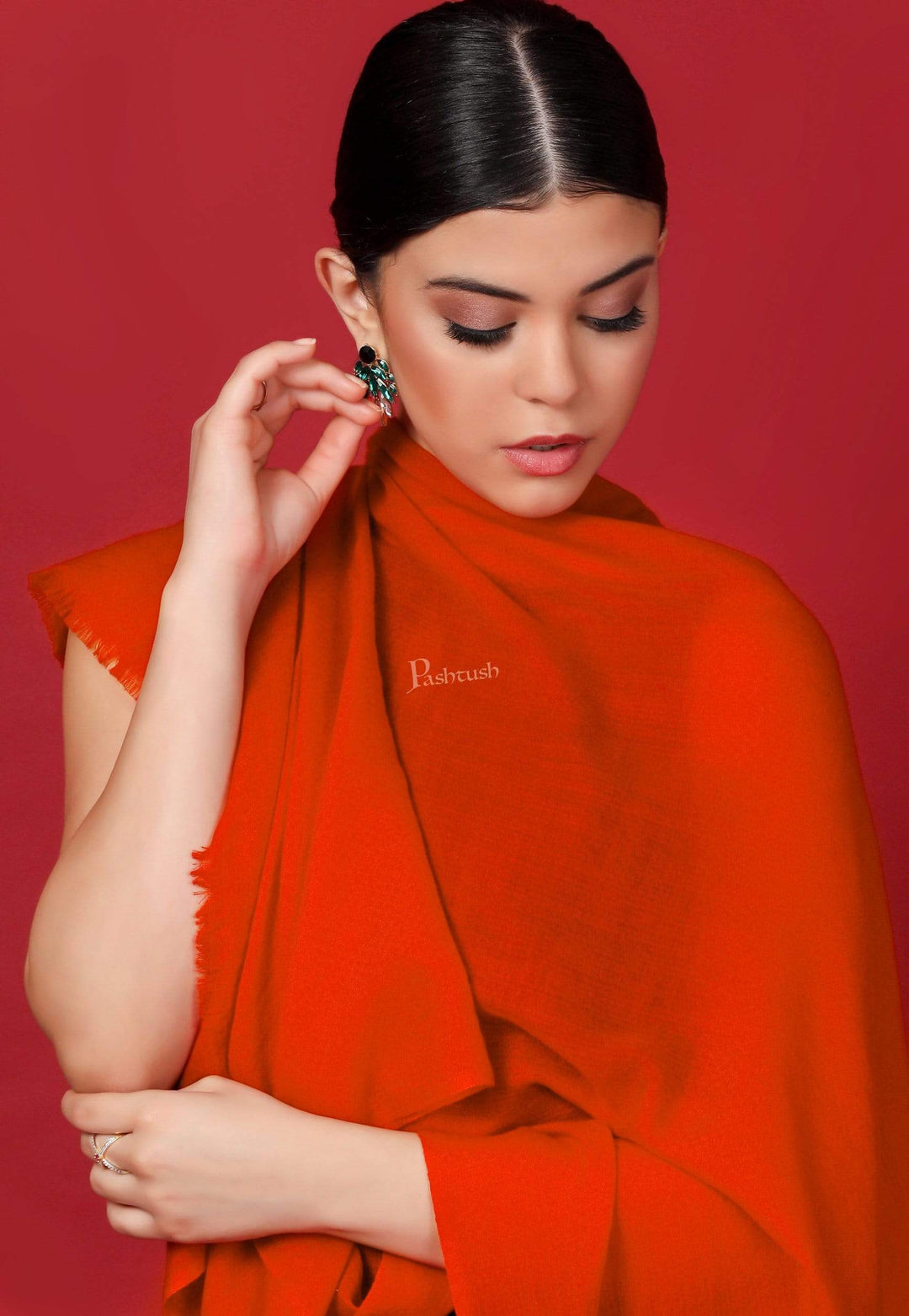 Pashtush Shawl Store Stole Pashtush Womens Cashmere Pashmina Scarf, Diamond Weave, Deep Orange