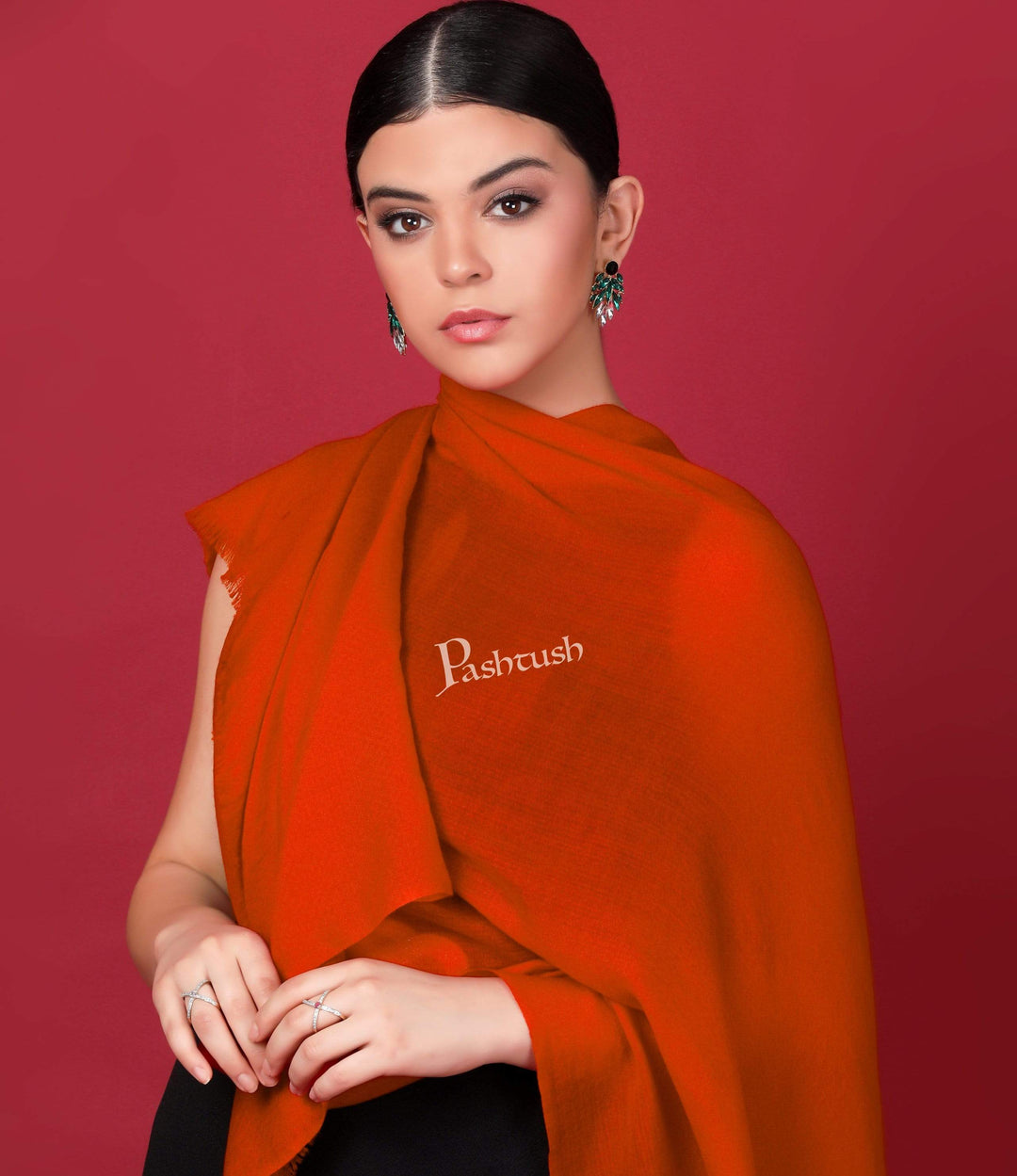 Pashtush India 70x200 Pashtush Womens Cashmere Pashmina Scarf, Diamond Weave, Orange
