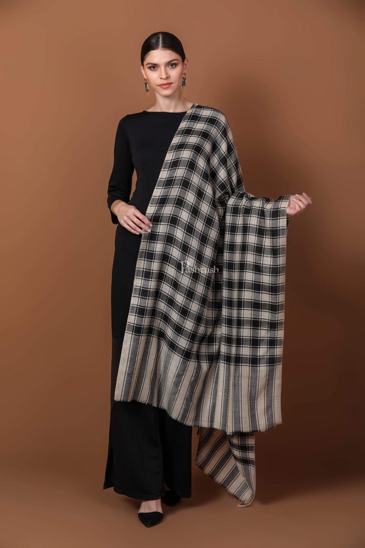 Pashtush India 100x200 Pashtush Womens Check Shawl, Ultra Soft and Warm, Fine Wool, Beige and Black