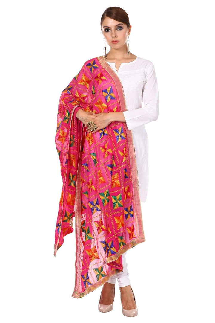 Pashtush Shawl Store Dupatta Pashtush Womens Chiffon Dupatta with Multicoloured Embroidery, Light Weight, Hot Pink